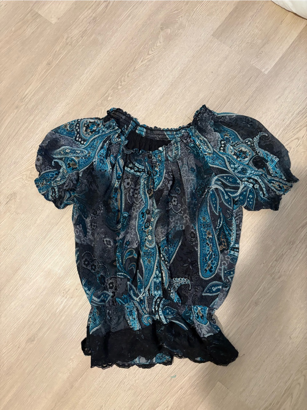 dressbarn Teal and Black Paisley Puff Sleeve Blouse